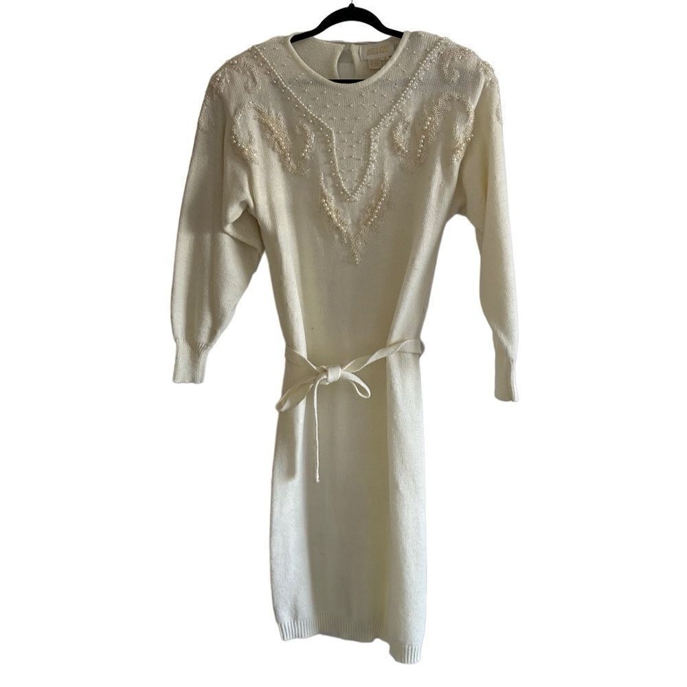 Belldini Women's Acrylic Beaded Sweater Dress - White Small